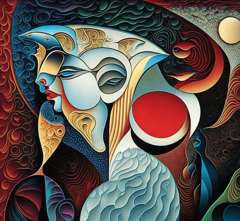 Colorful surreal painting blending woman, ram, dolphin, and bird profiles with wave patterns, sun,