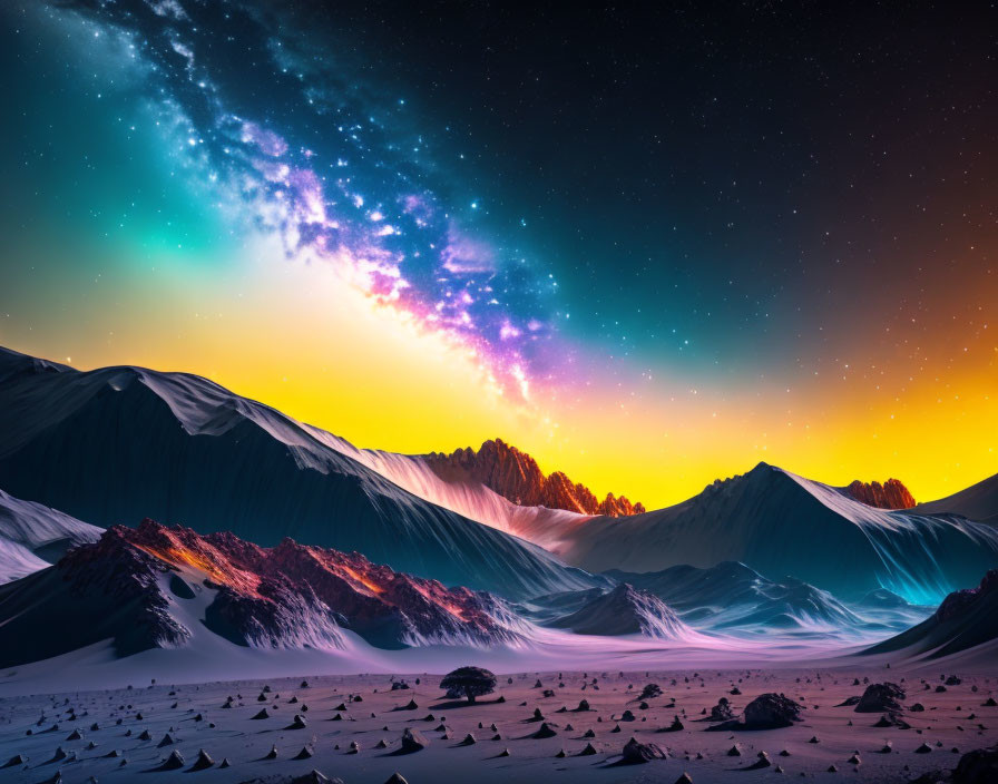 Snowy mountain peaks under Milky Way and warm horizon glow