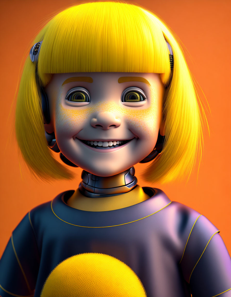 Smiling humanoid robot with yellow hair in blue outfit