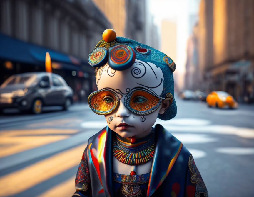 Patterned face mask on person in city street with cars and buildings in warm sunlight