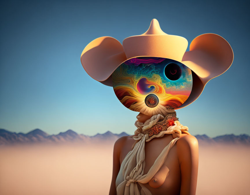 Figure with oversized cowboy hat in surreal desert scene