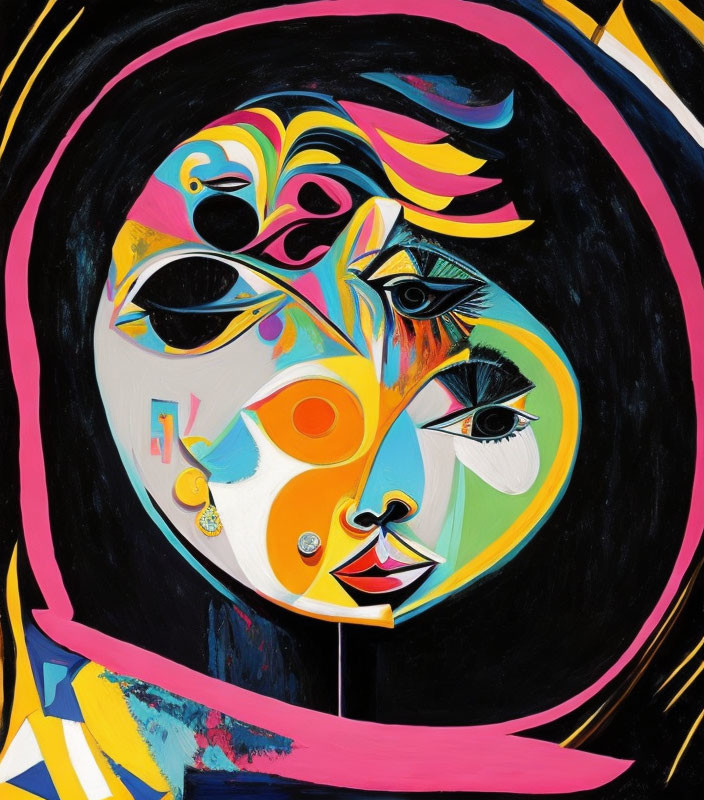 Abstract portrait with multiple eyes and shapes on black background bordered by pink and yellow lines