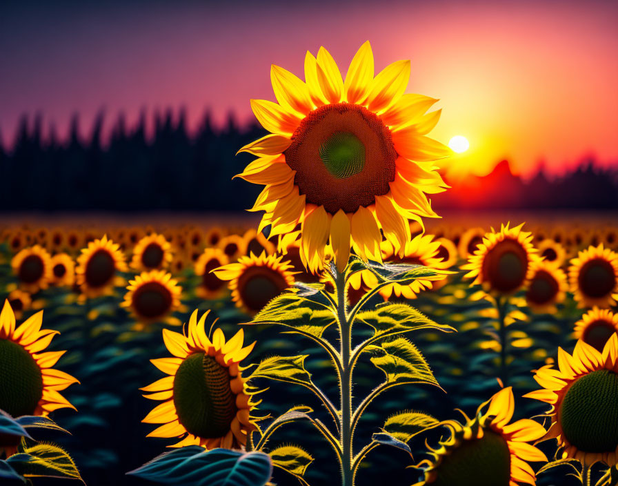 Vibrant sunset sunflowers in a field