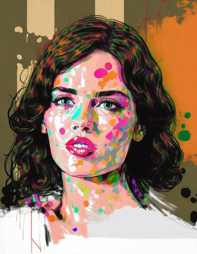 Vibrant pop art portrait of a woman with paint splashes on face