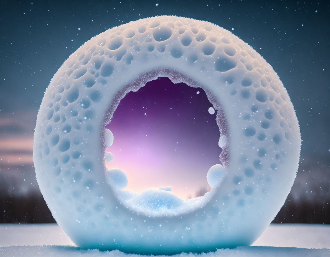 Snow-covered donut-shaped sculpture under purple and pink night sky