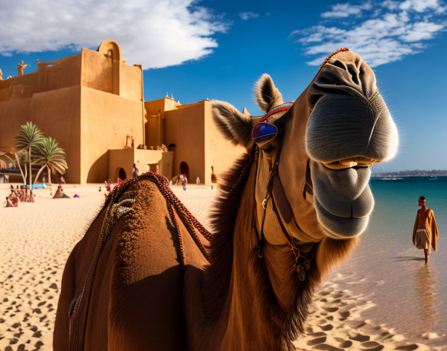 Camel with sunglasses on sandy beach near fort and palm trees