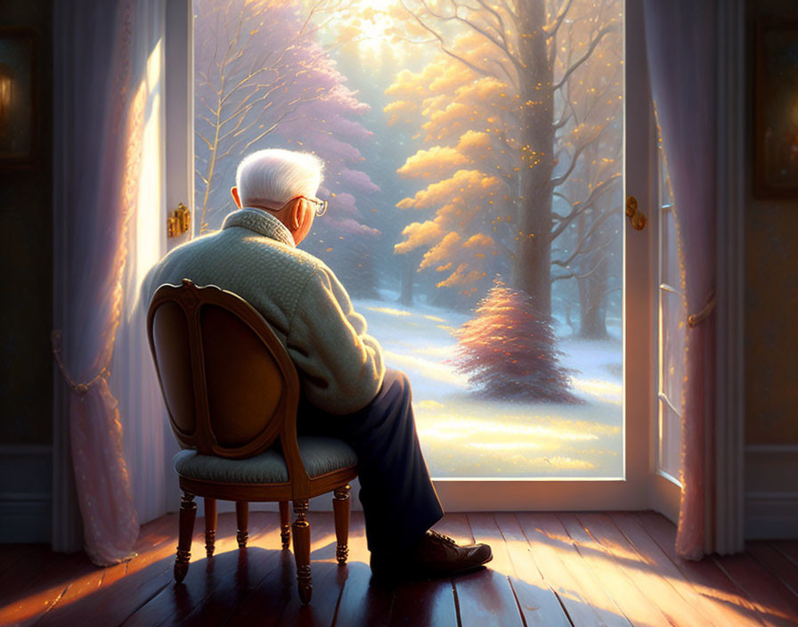 Elderly person in chair gazes at snowy landscape through open door