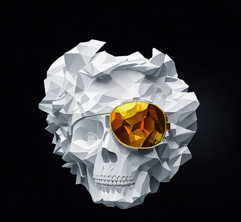 White Polygonal Skull with Golden Eyepatch on Black Background