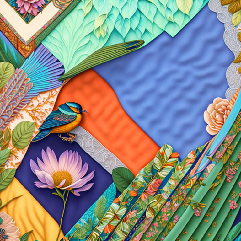 Vibrant bird and flower motif in colorful quilt-like pattern