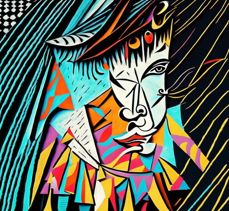 Colorful Abstract Portrait with Geometric Shapes and Bold Lines