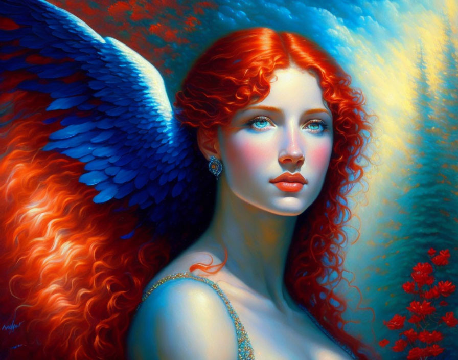 Woman with Red Hair and Angelic Wings in Serene Portrait Against Vibrant Blue and Red Backdrop