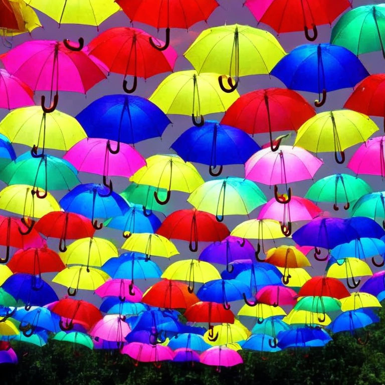 Multicolored Umbrellas Suspended in Vibrant Display