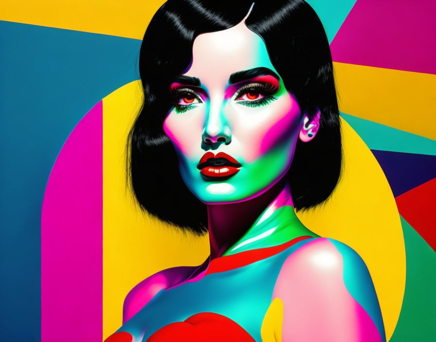 Woman portrait with stylized makeup on vibrant abstract background