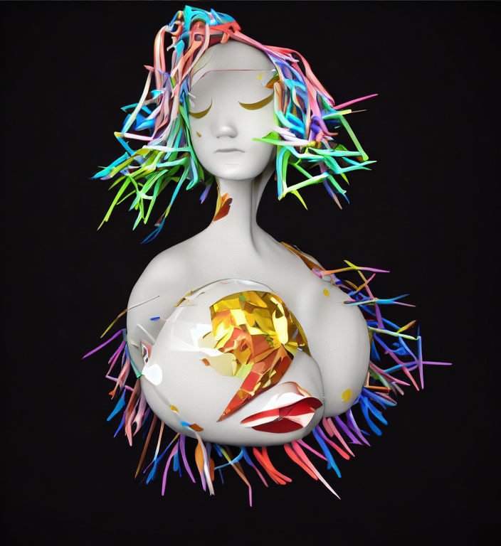 Surreal 3D illustration of fragmented female figure with multicolored shards on black background