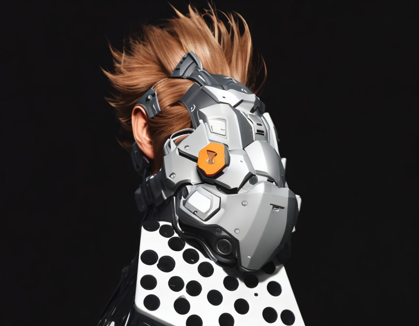 Dynamic person with flying hair in futuristic robotic helmet and dotted outfit on black background