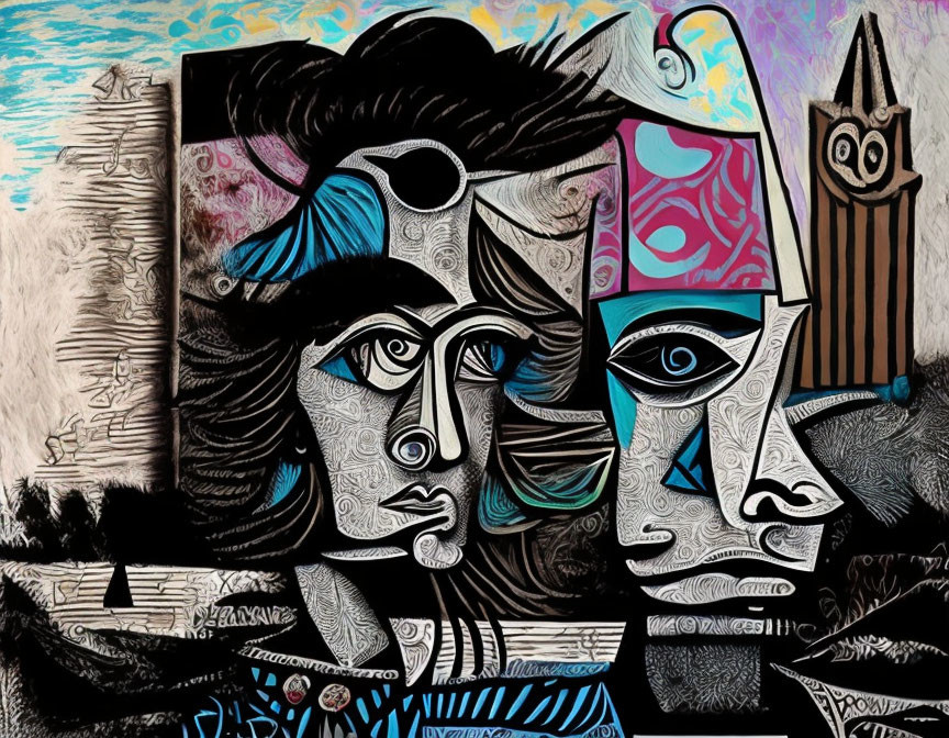 Vibrant Cubist painting of faces with abstract patterns and textures