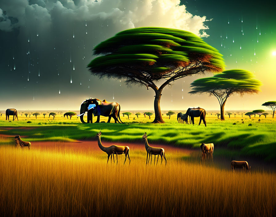 African savanna scene with elephants, antelopes, and dramatic sky