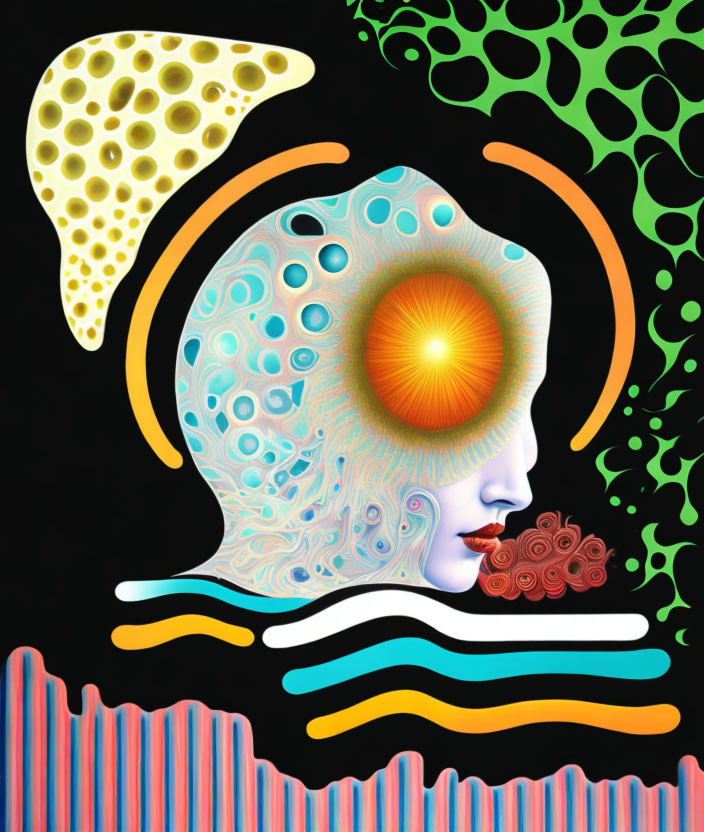 Surreal profile view illustration with sun eye and colorful abstract shapes