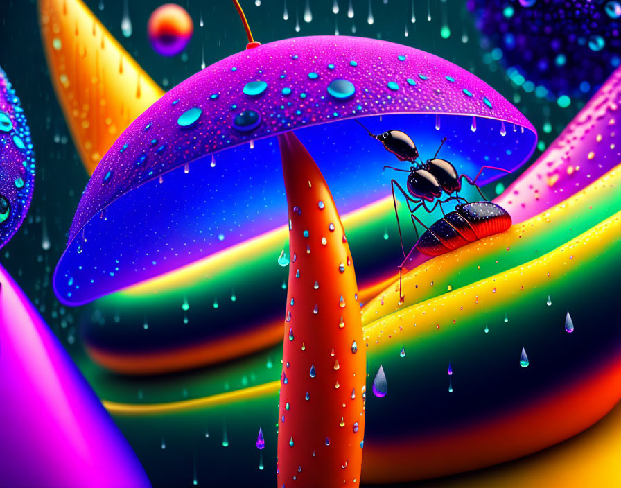 Colorful digital artwork: Ant on vibrant surface with water droplets under mushroom umbrella