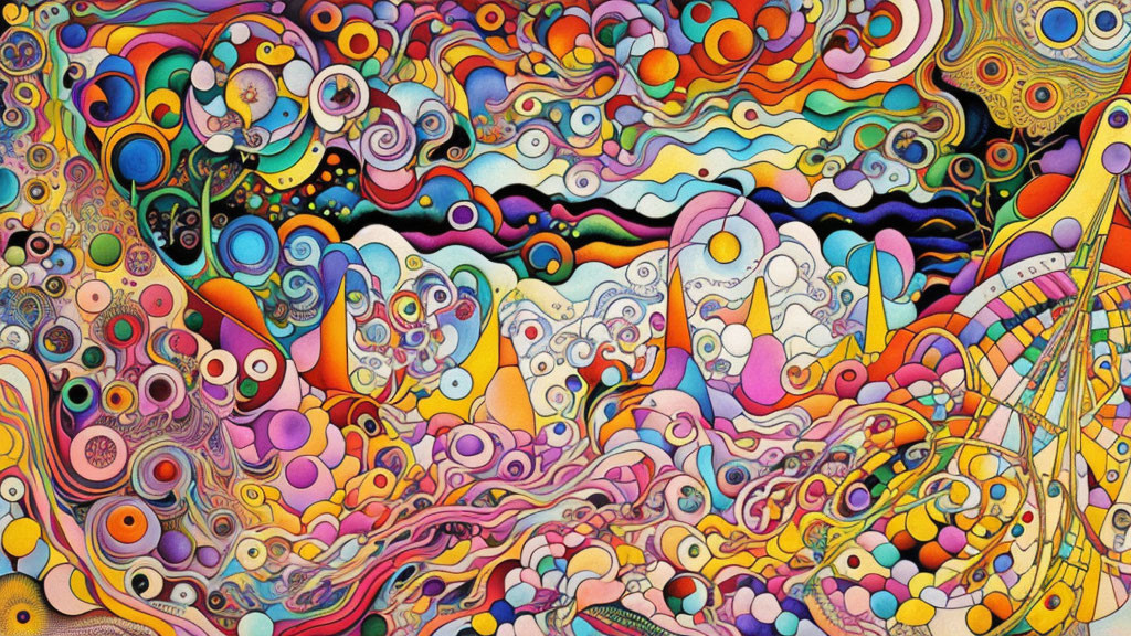 Colorful Psychedelic Artwork with Swirling Patterns and Abstract Shapes