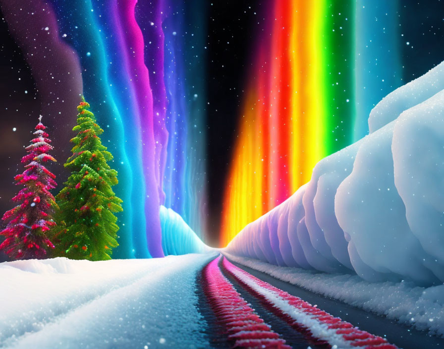 Colorful Aurora Borealis Over Snowy Landscape with Christmas Tree