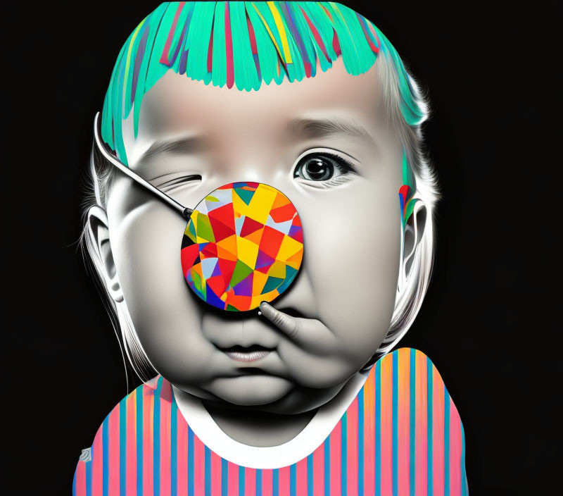 Child with Blue Hair and Colorful Nose Art in Striped Outfit on Black Background