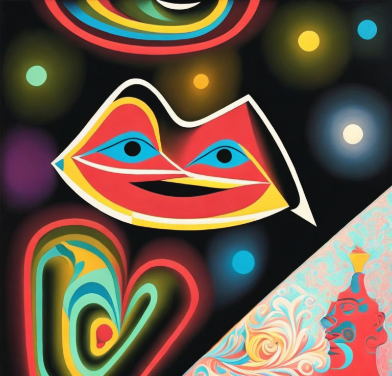 Vibrant abstract art: whimsical lips, eyes, swirling patterns on dark background