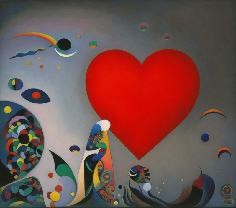 Colorful surreal painting with red heart, moon, eyes, and swirling patterns on gray background