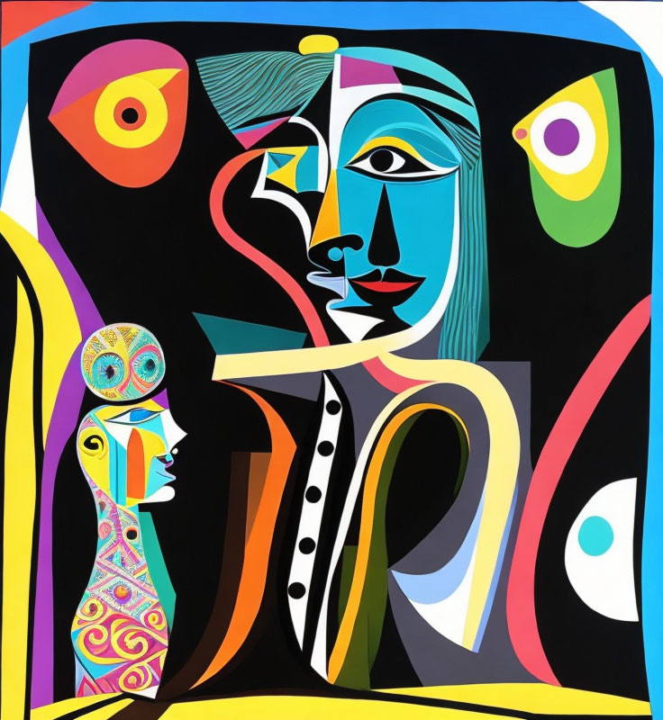 Vibrant abstract painting with cubist faces and bold lines