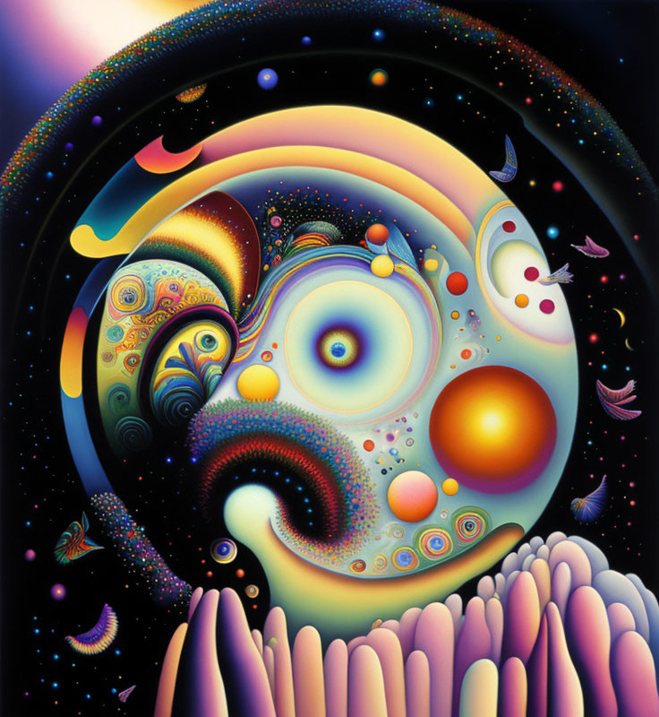 Vibrant psychedelic art with swirling patterns and celestial elements