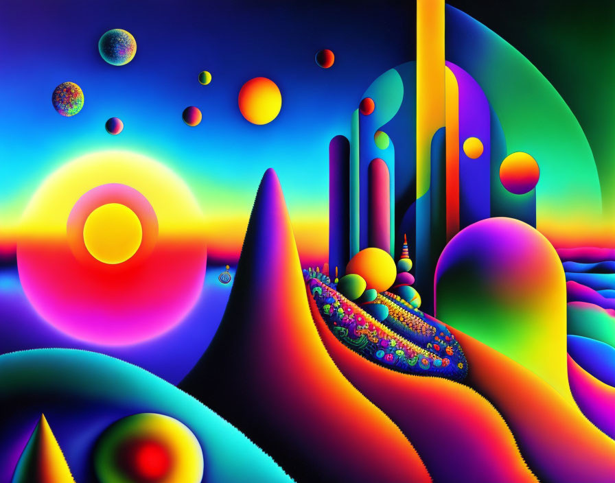 Surreal digital artwork: Vibrant landscapes with rounded hills and floating orbs