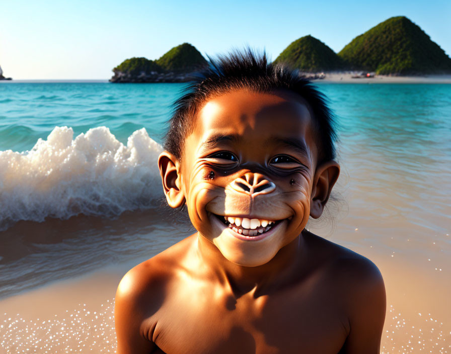 Child with Monkey Face Paint on Beach with Waves and Hills