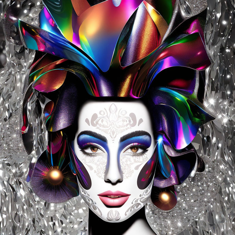 Colorful digital artwork of a person with elaborate headgear and makeup on silver background