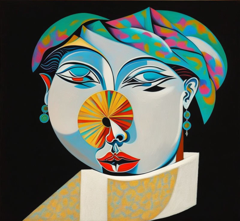 Vibrant abstract portrait of stylized female figure with geometric headscarf and bold makeup