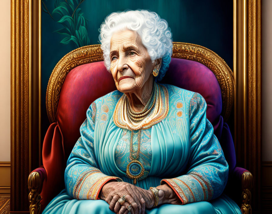 Elderly woman with white hair in red armchair wearing blue dress and pearls