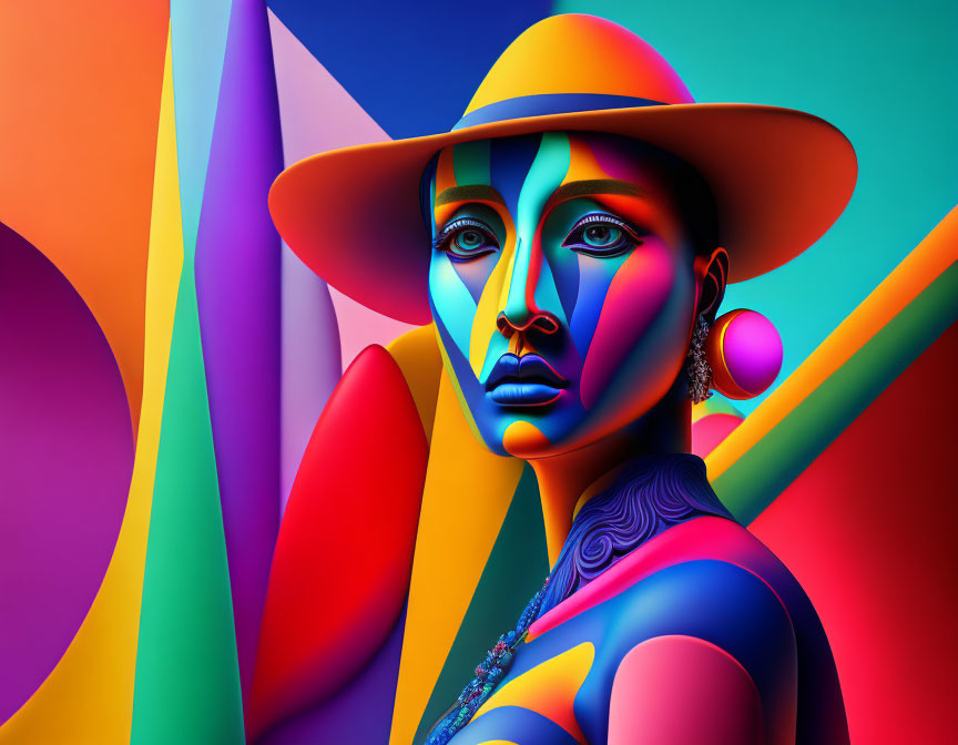 Colorful digital art of woman with geometric face paint, hat, and earring.