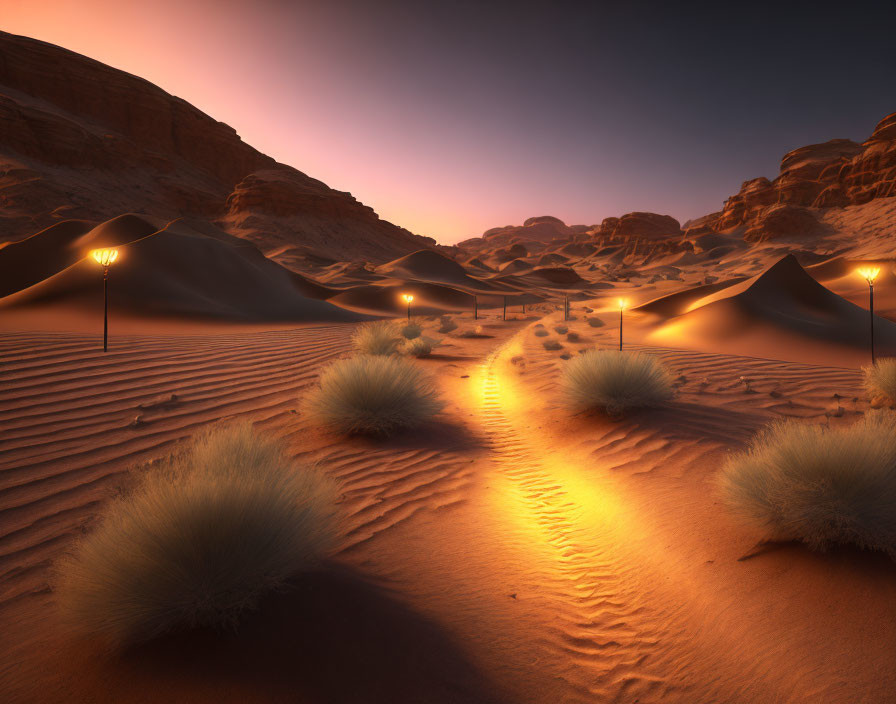 Tranquil desert dusk: sand dunes, lit footpath, grass tufts, glowing sky