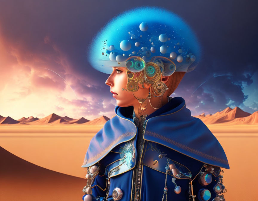 Futuristic female figure with transparent blue helmet in desert landscape at dusk