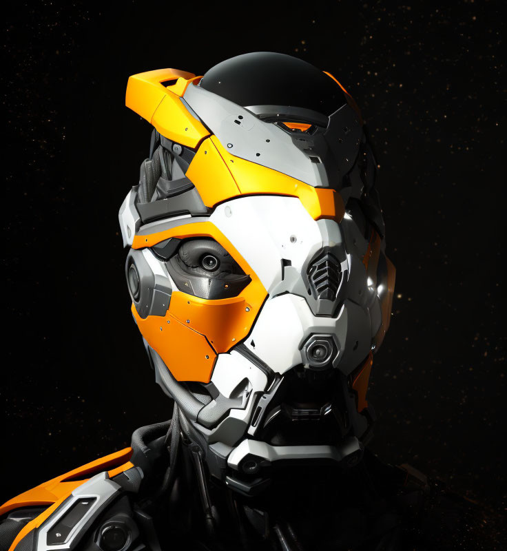 Person in futuristic yellow and white armored helmet against dark starry backdrop