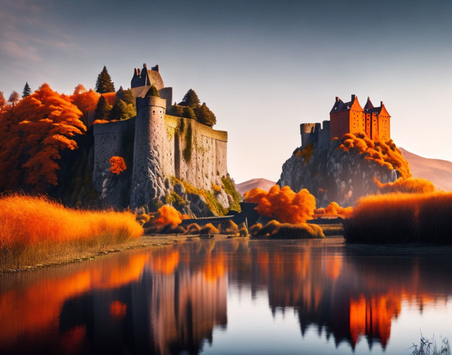 Ancient castle on lakeside hill in vibrant autumn scene