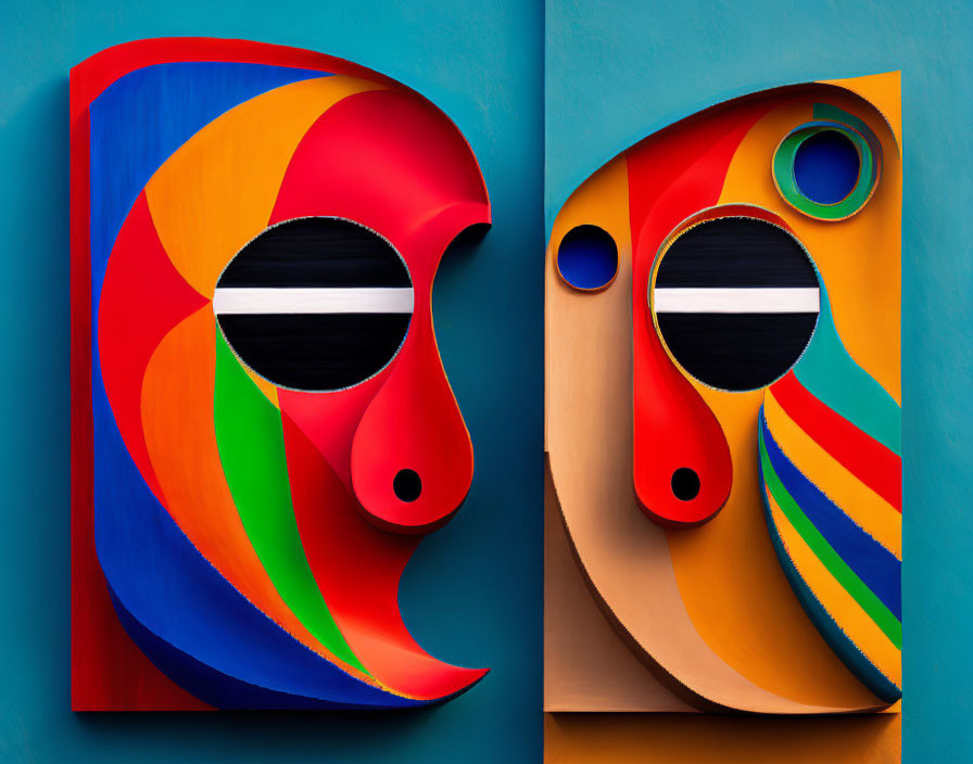 Abstract colorful mask-like artworks with bold stripes in red, blue, and yellow on blue background