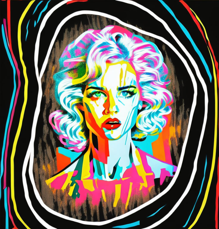 Colorful Pop Art Portrait of Woman with Wavy Hair