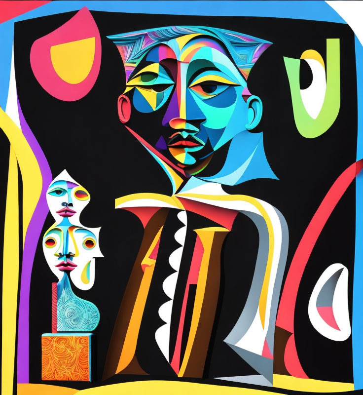 Colorful Cubist-Style Painting with Large Face and Abstract Figures