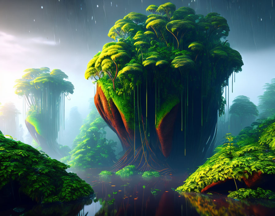 Vibrant rainforest scene with lush floating islands and mystical rain