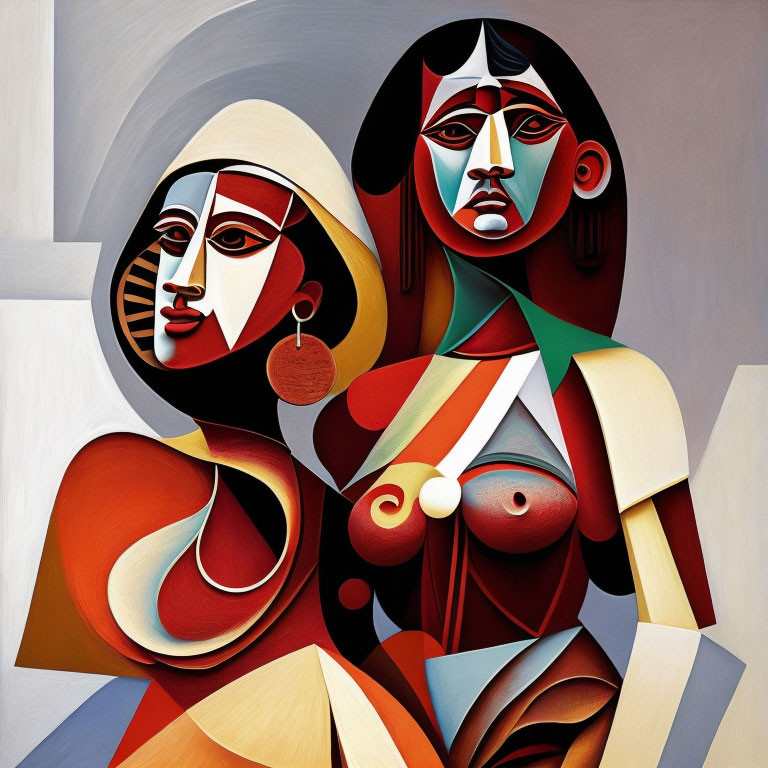 Abstract Cubist-style Painting of Two Female Figures in Bold Colors