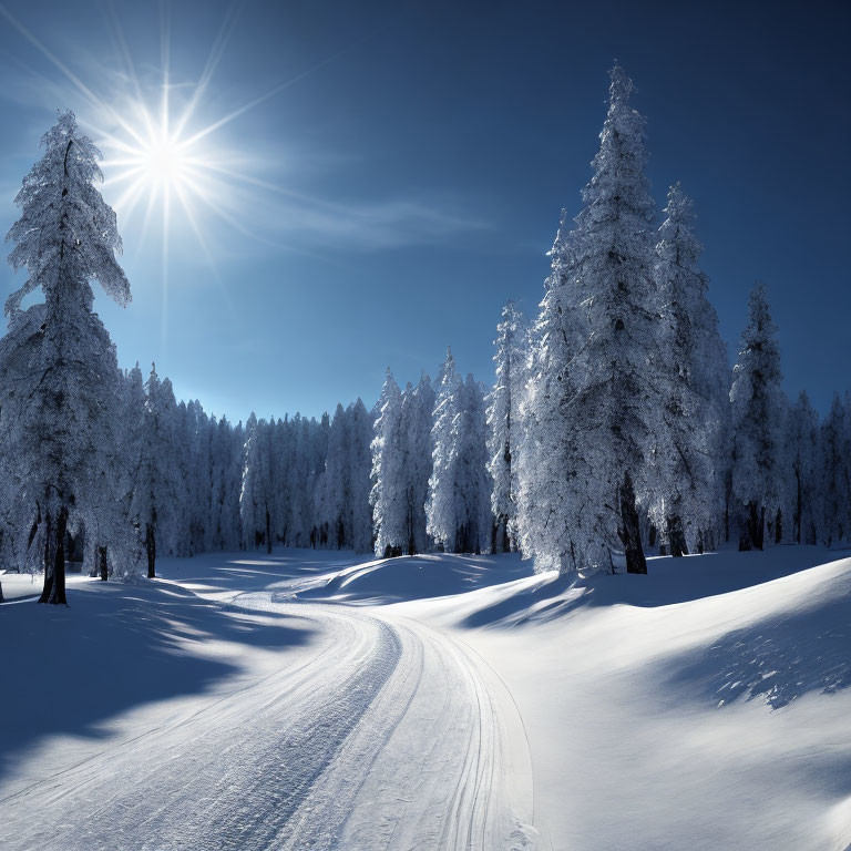 Snowy Landscape with Sunburst and Frosted Trees in Clear Sky