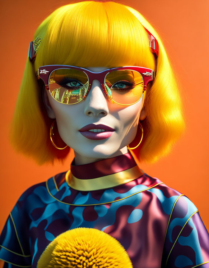 Colorful 3D Render of Woman with Yellow Bob Haircut and Red Sunglasses