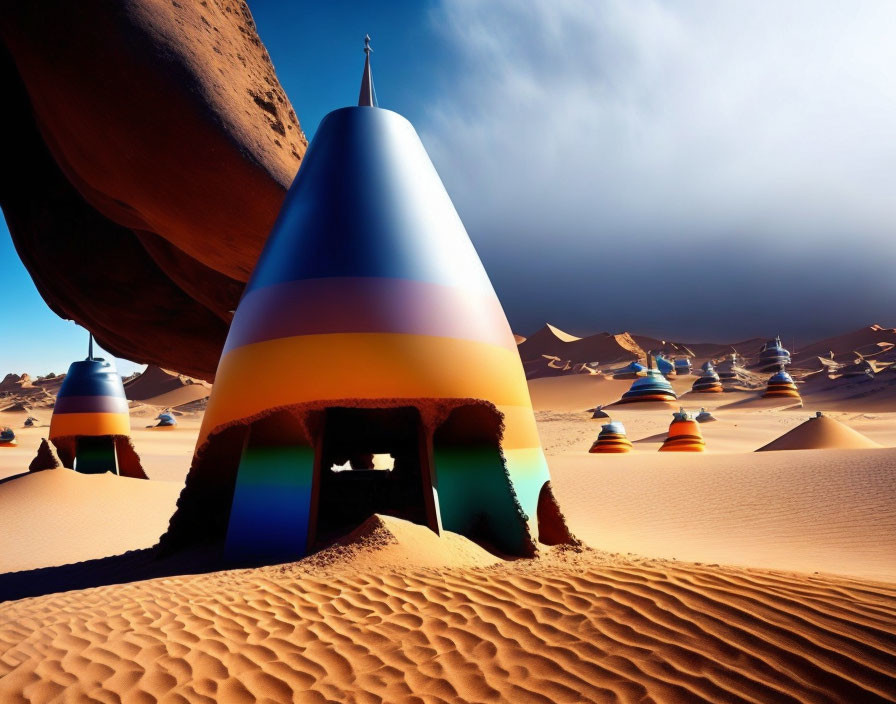 Vibrant cone-shaped structures in sandy desert under blue sky