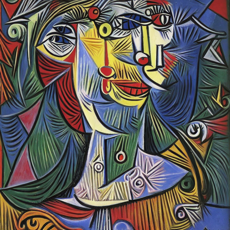 Colorful Cubist Painting: Distorted Face with Geometric Shapes