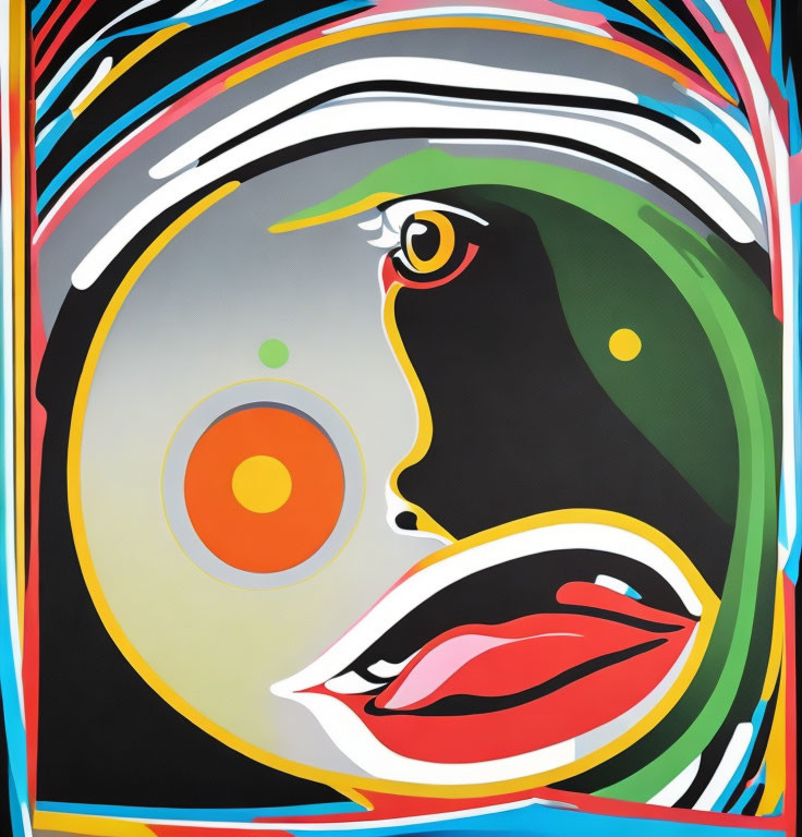 Vibrant abstract art: stylized female face with colorful swirls and bold eye/lip details